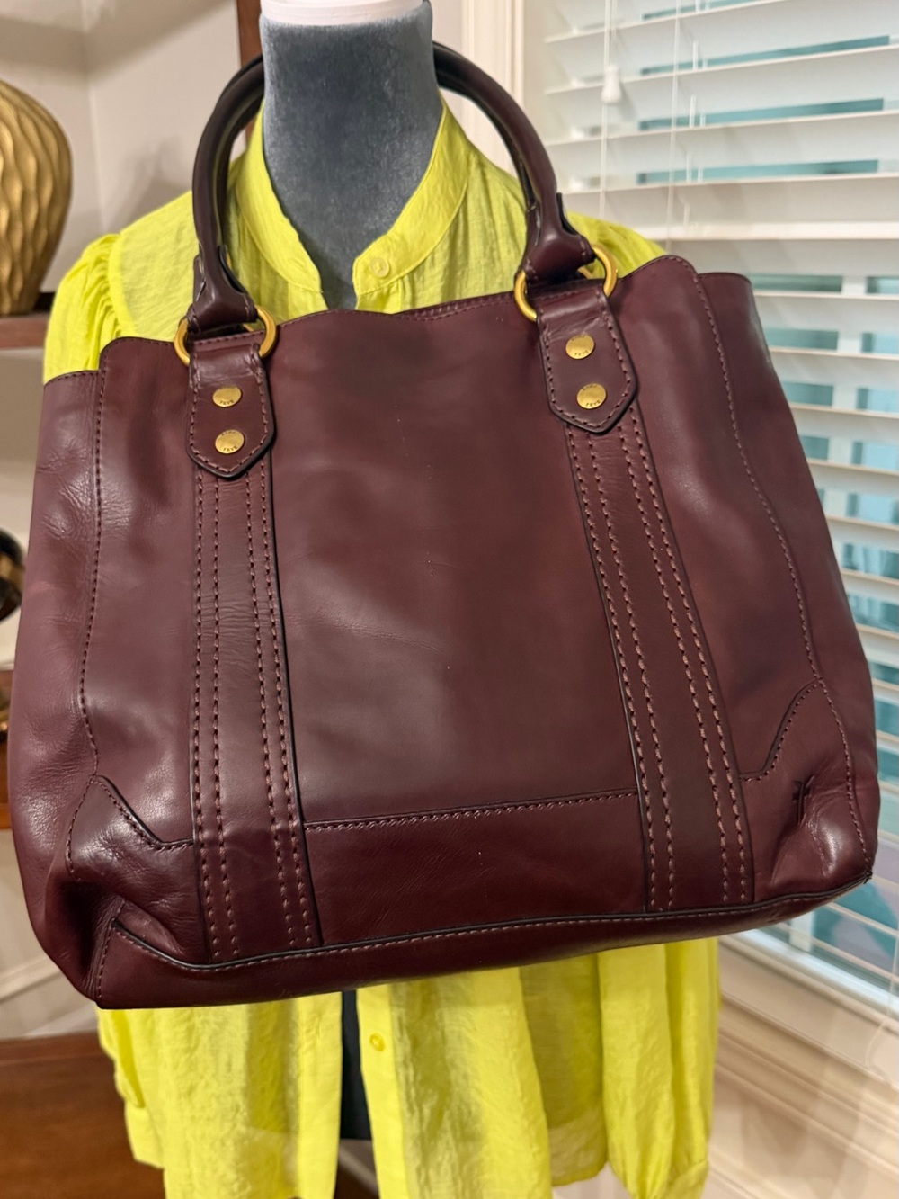 Frye Burgundy Leather Shoulder Tote with Gold Hardware